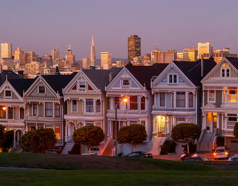 San Francisco, Alamo Square Fotostudio Meiningen: Painted Ladies - Vikorianische Holzhäuser in San Francisco bei Nacht